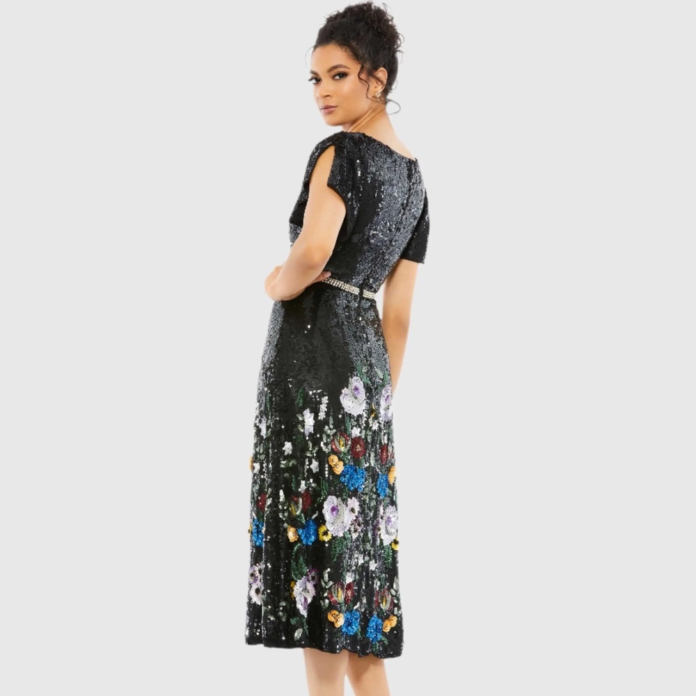 Mac Duggal Black Floral Sequin Flutter Sleeve Aline Wrap Cocktail Dress